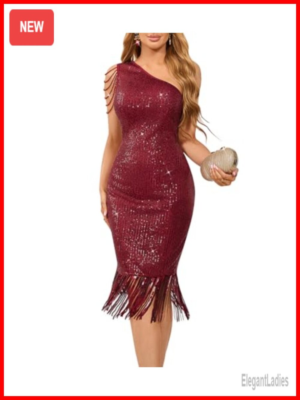 Sexy Sequin One Shoulder Long Sleeve Tassel Hem Bodycon Midi Dress Party